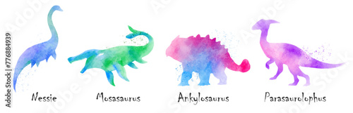 Nessie, Mosasaurus, Ankylosaurus, Parasaurolophus dinosaurs . Colorful silhouette watercolor painting style . Set 4 of 5 . Illustration .