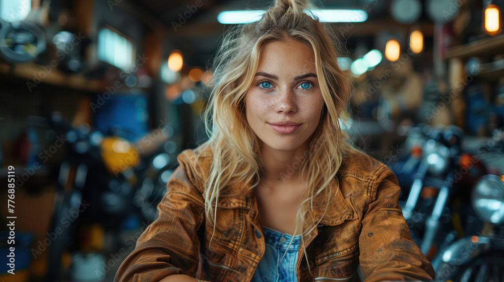 A woman with blonde hair and blue eyes is sitting in a room with motorcycles