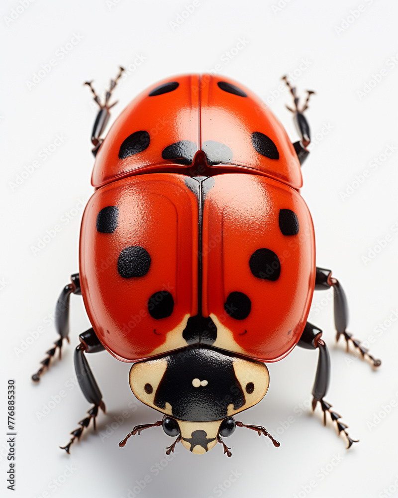 Fototapeta premium A hyper-realistic close-up of a ladybird, its red and black-spotted shell rendered in exquisite clay detail, isolated against a pure white background, symbolizing purity and the natural beauty of smal