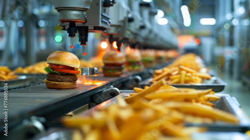 Hamburgers factory. Mass automated conveyor food production