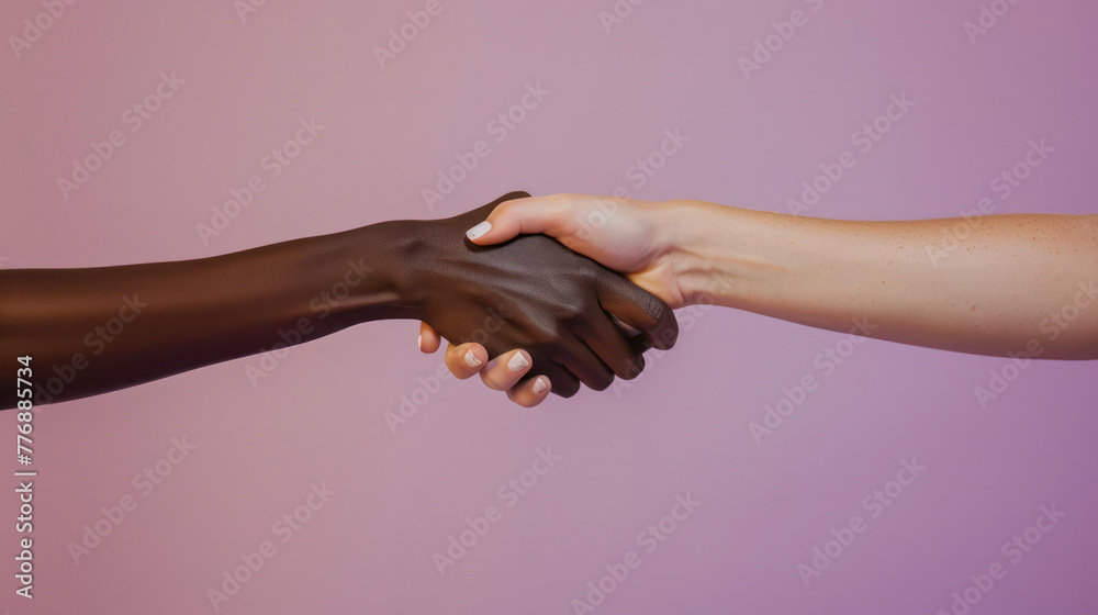 Two hands shaking hands, one black and one white. Concept of unity and peace between people of different races