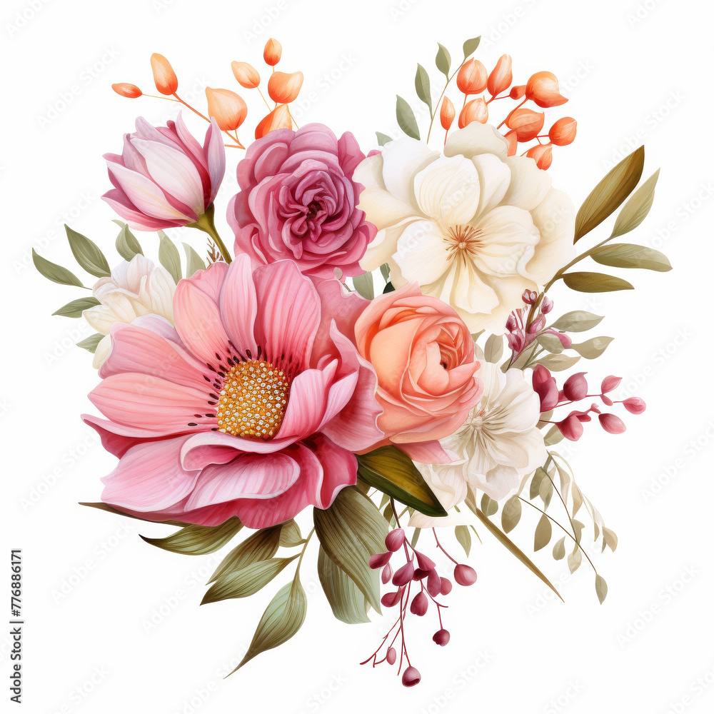 Colorful bouquet of flowers arranged neatly on a plain white background