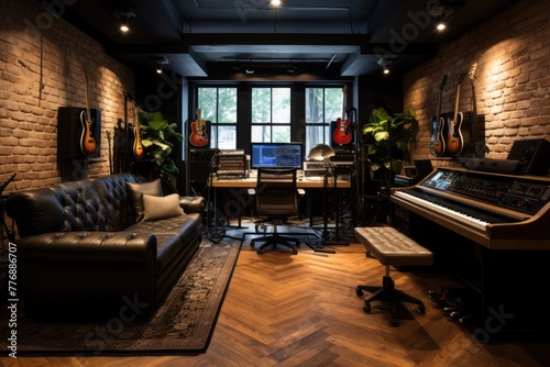 A recording studio concept  A recording studio with rustic wood and exposed brick aesthetic  AI-generated