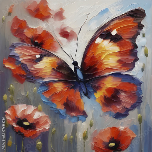 Impressionist oil painting of butterflies and flowers.