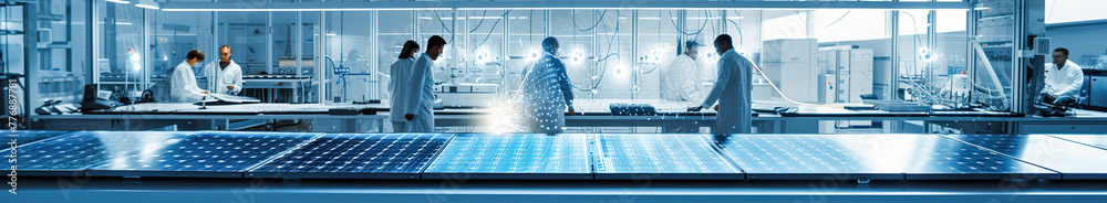 Fototapeta premium A sleek, futuristic solar panel prototype displayed in a high-tech lab, engineers brainstorming innovative sustainable energy solutions.