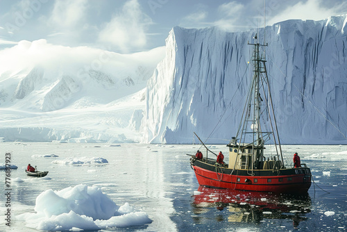 Antarctic krill fishing techniques: Fishermen on boat in icy waters, employing traditional methods to sustainably harvest krill.