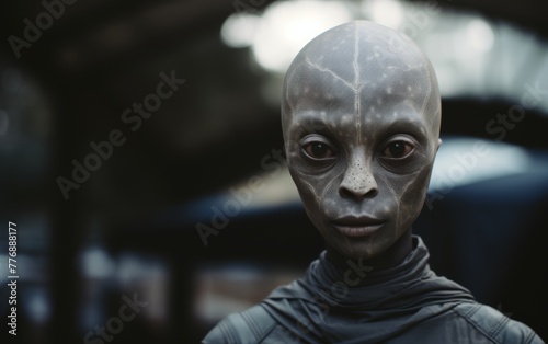 A woman with a face painted on it stands in front of a building. The painting on her face gives her an alien appearance