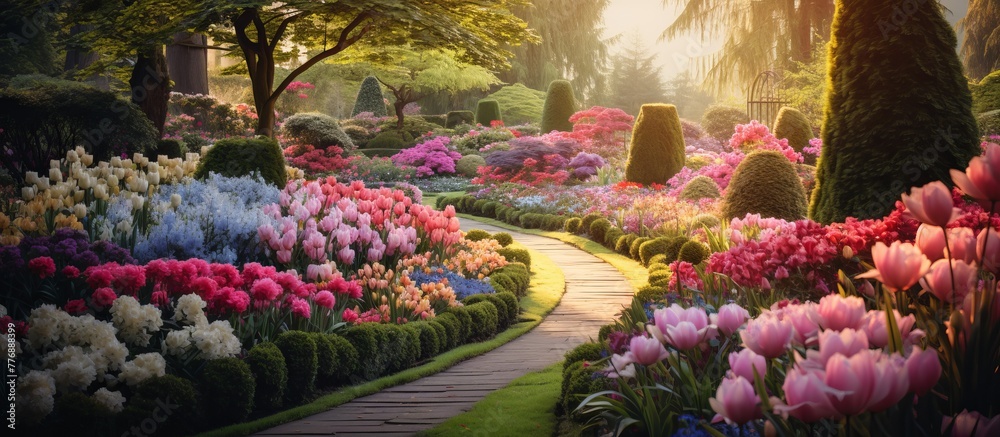 Winding pathway surrounded by a variety of lush green foliage and colorful blooming flowers in a beautiful garden