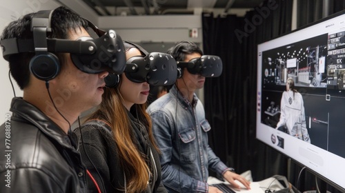 Team members collaborating on a virtual reality simulation to test product prototypes