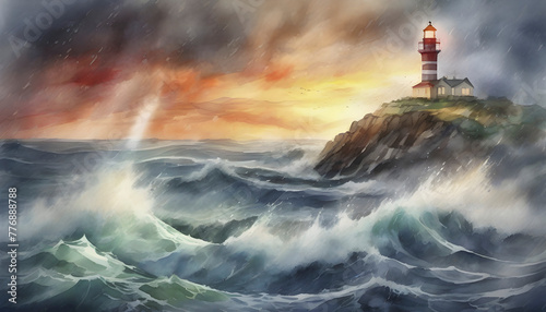 Watercolor painting of a lighthouse in the middle of the ocean.