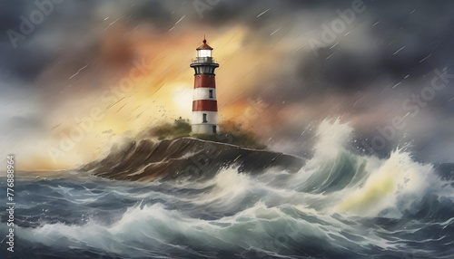 Watercolor painting of a lighthouse in the middle of the ocean.