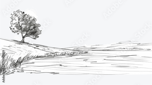 Sketch of Solitary Tree on Hillside, Minimalist Landscape Drawing
