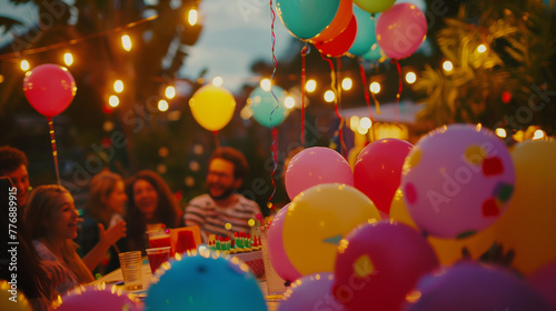 Festive Birthday Party, Balloons and String Lights at Outdoor Gathering © AIRina