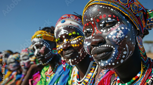 A group of women gather together their dark skin shining in the sunlight as they wear bold and colorful tribal face paint. Dressed in flowing skirts and dd with striking jewelry they .