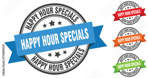happy hour specials stamp. round band sign set. label