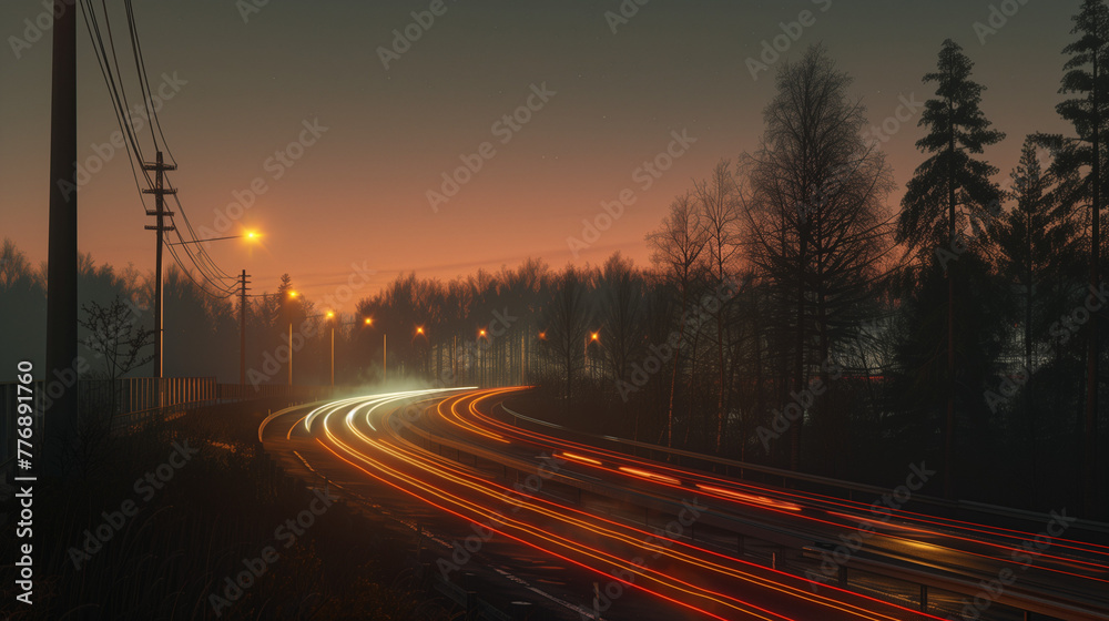 Nighttime Highway Lights Under Starry Sky