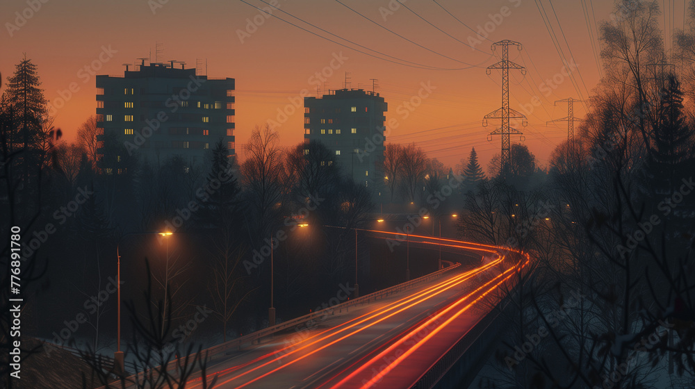 Twilight Hour Traffic on Urban Road