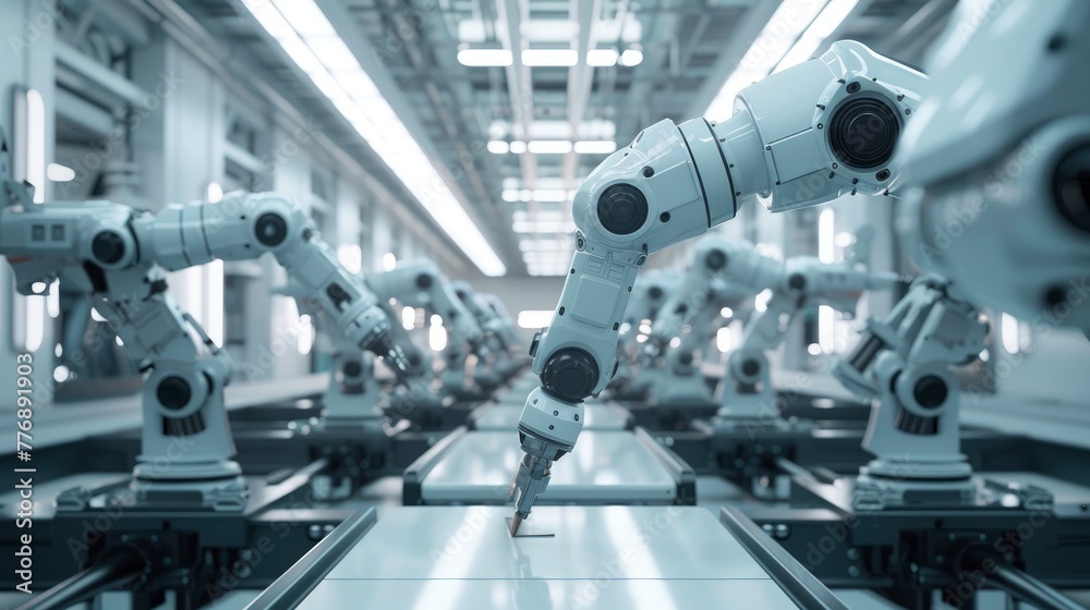 Advanced robotic arms on a fully automated assembly line in a modern factory, professional photo, sharp focus, high detailed Advanced robotic arms on a fully automated assembly line in a modern factory, professional photo, sharp focus, high detailed