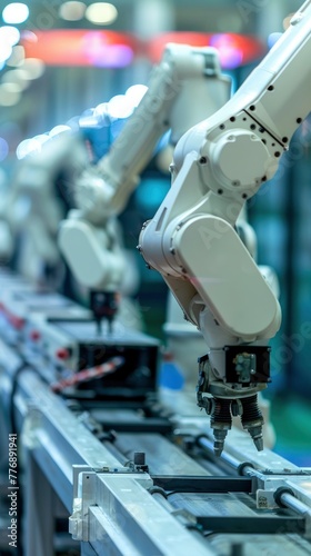Advanced robotic arms on a fully automated assembly line in a modern factory, professional photo, sharp focus, high detailed