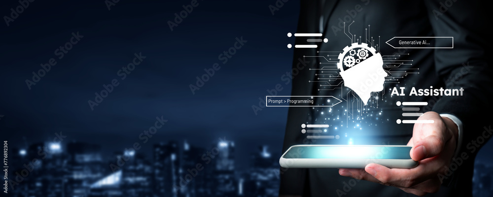 Human interact with AI artificial intelligence virtual assistant chatbot in concept of AI artificial intelligence prompt engineering, LLM AI deep learning to use generative AI for work support. FaaS - obrazy, fototapety, plakaty 