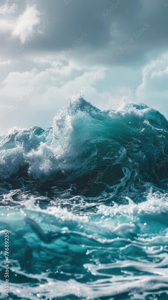 Close up photo of giant waves in the middle of the ocean with bright sunlight breaking through, turquoise color of water