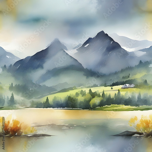 Impressionist watercolor painting of mountains and forests. photo