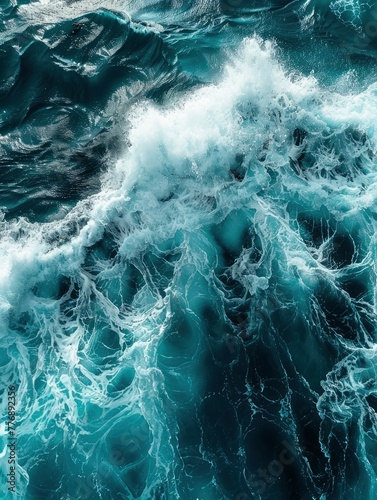 Close up photo of giant waves in the middle of the ocean with bright sunlight breaking through, turquoise color of water