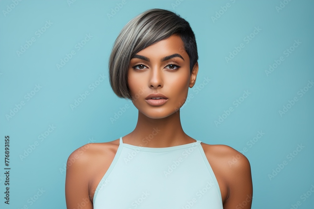 A woman with a short haircut and a blue tank top A woman with a short haircut and a blue tank top