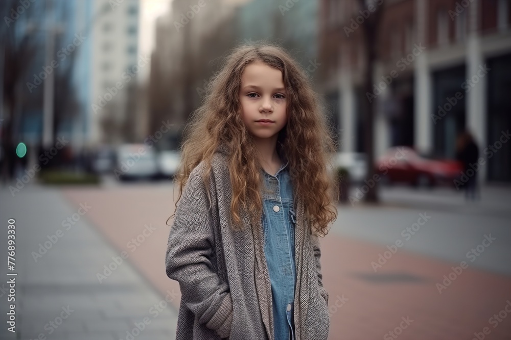 A young girl with long brown hair stands on a sidewalk in front of a building