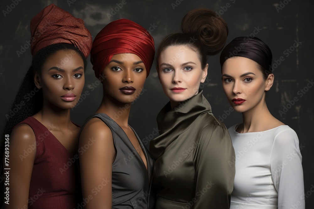 Obraz premium Four women wearing different colored head scarves pose for a photo