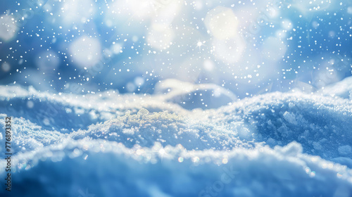Winter snow background with snowdrifts, with beautiful light and snow flakes on the blue sky, beautiful bokeh circles, banner format, copy space. © Matan