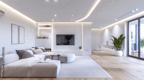Modern apartment bright interior minimalistic scandinavian living room design, panorama, professional photo
