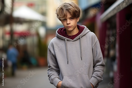 A young man wearing a grey hoodie stands in front of a building photo