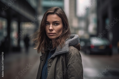 A woman is standing on a city street wearing a grey coat and a hood © Juan Hernandez