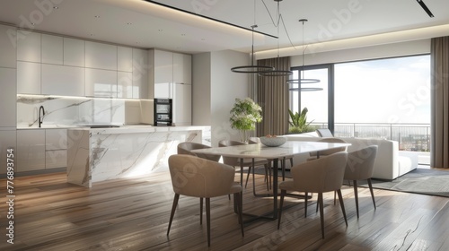 Modern apartment interior design  dining room with table and chairs  minimalistic design  panorama  3d render