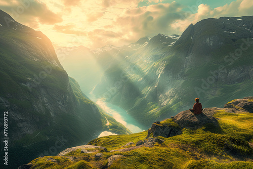Person breathing deeply while visualizing a peaceful mountain landscape to reduce tension and enhance mental clarity. photo