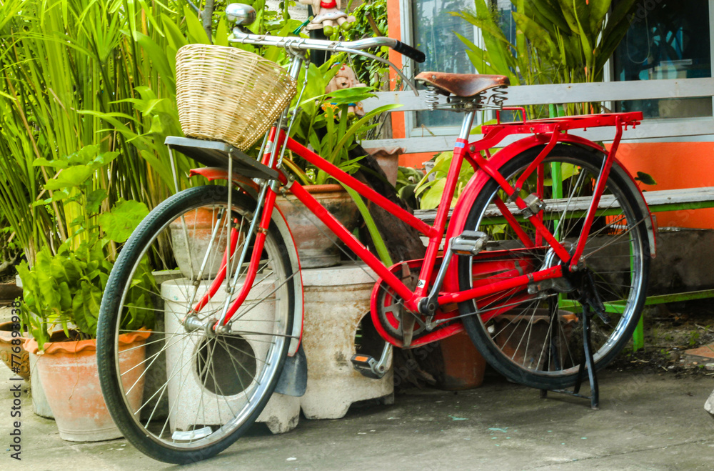 A very beautiful red vintage old bicycle.