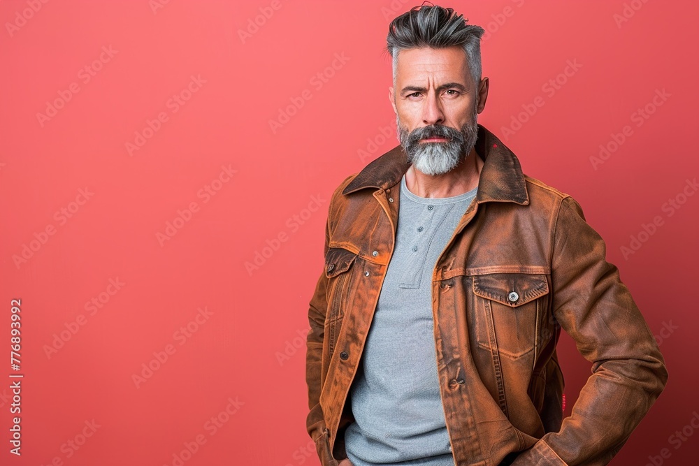 A man with a beard and gray hair is wearing a brown jacket and a gray shirt