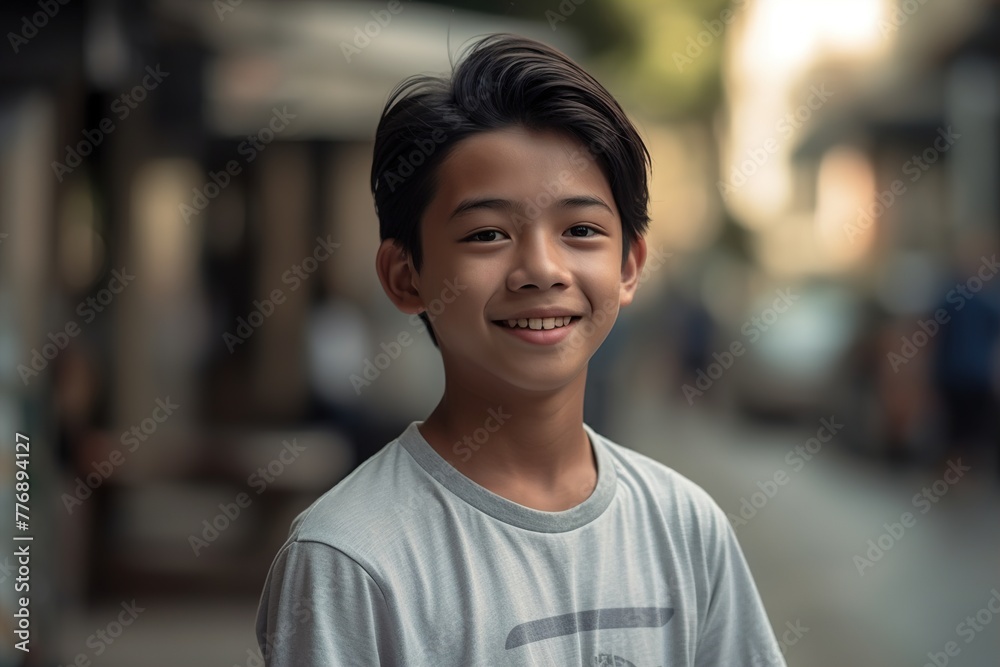 A young boy is smiling and wearing a gray shirt A young boy is smiling and wearing a gray shirt