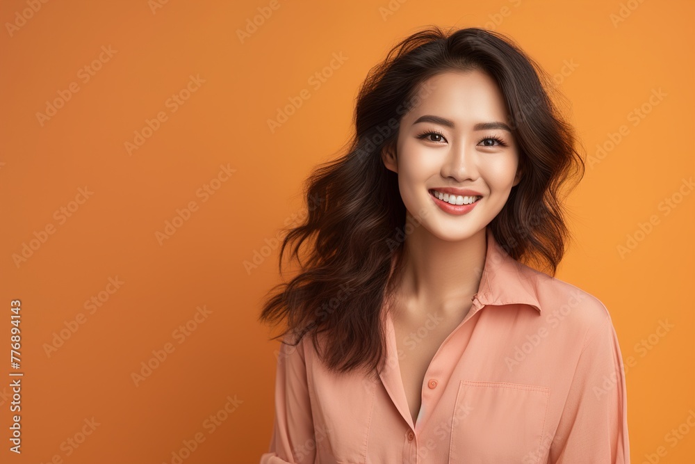 A woman with long brown hair is smiling and wearing a pink shirt A woman with long brown hair is smiling and wearing a pink shirt