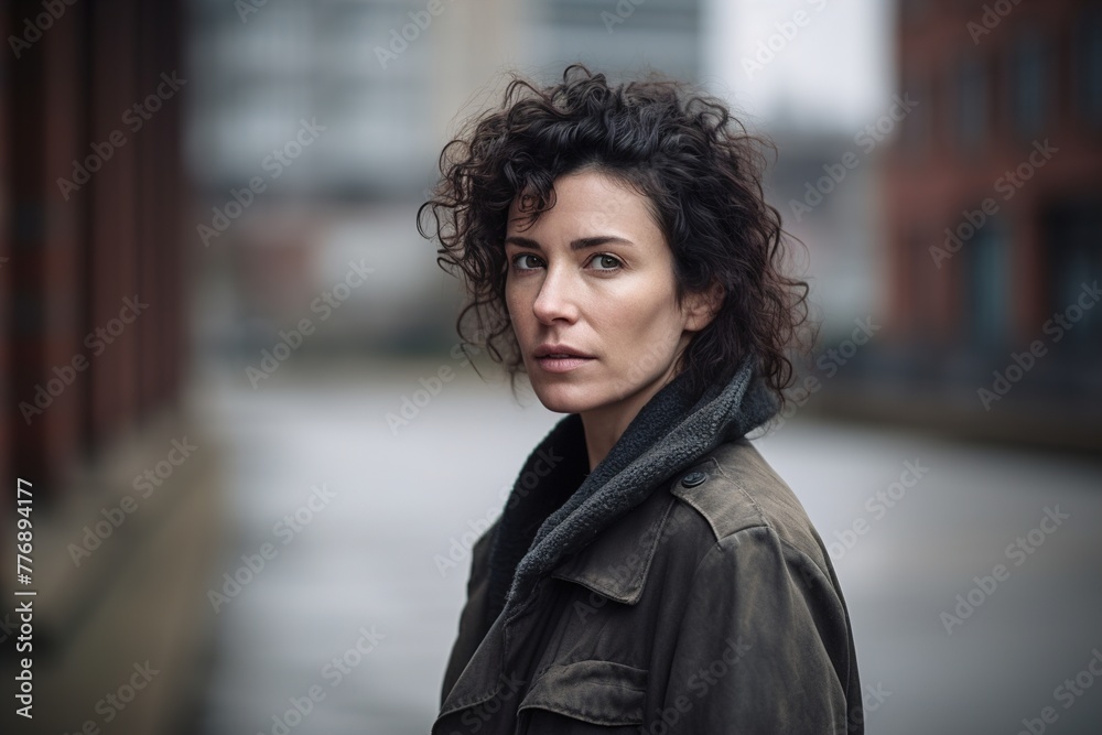 A woman with curly hair is standing on a street wearing a black coat A woman with curly hair is standing on a street wearing a black coat