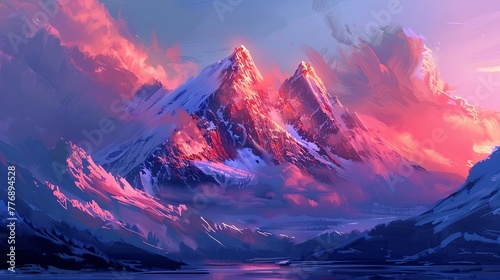 Conjure an image of a majestic mountain range at dusk, with the last rays of the sun casting a pinkish glow on the snow