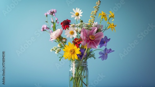 Depict an array of vibrant wildflowers in a transparent glass jar  placed against a pastel blue backdrop