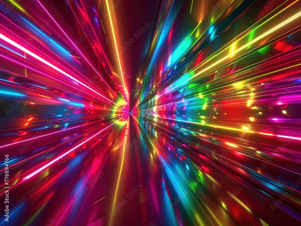 Stunning 3d render of abstract multicolor spectral lines of light reflecting in perspective, background, screensaver 