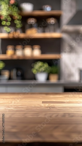 Table countertop with blurred modern light kitchen background  product display concept 