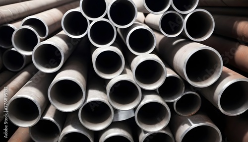 Stack of stainless steel pipes background , metallurgical industry backdrop concept image