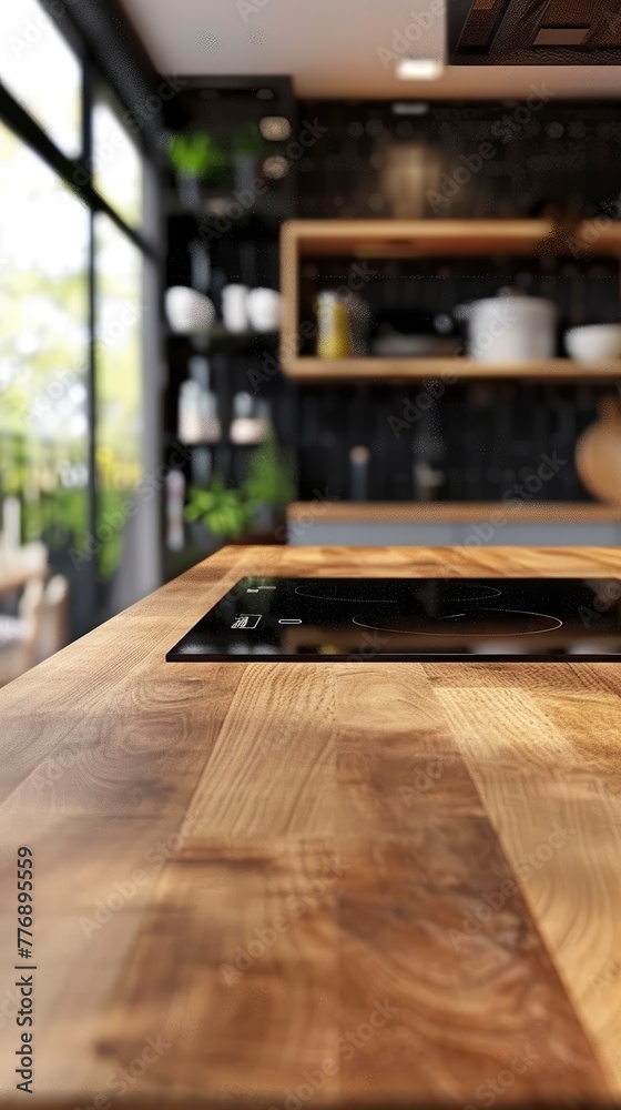 Wooden countertop on blurred modern kitchen background, template for demonstration, product display concept