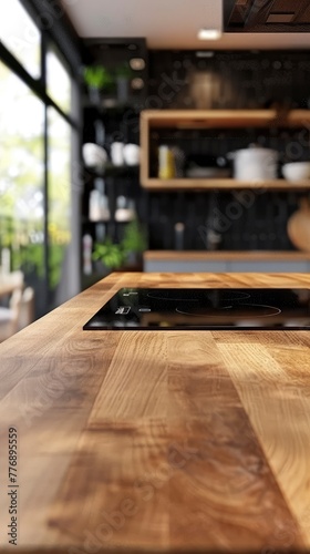 Wooden countertop on blurred modern kitchen background  template for demonstration  product display concept