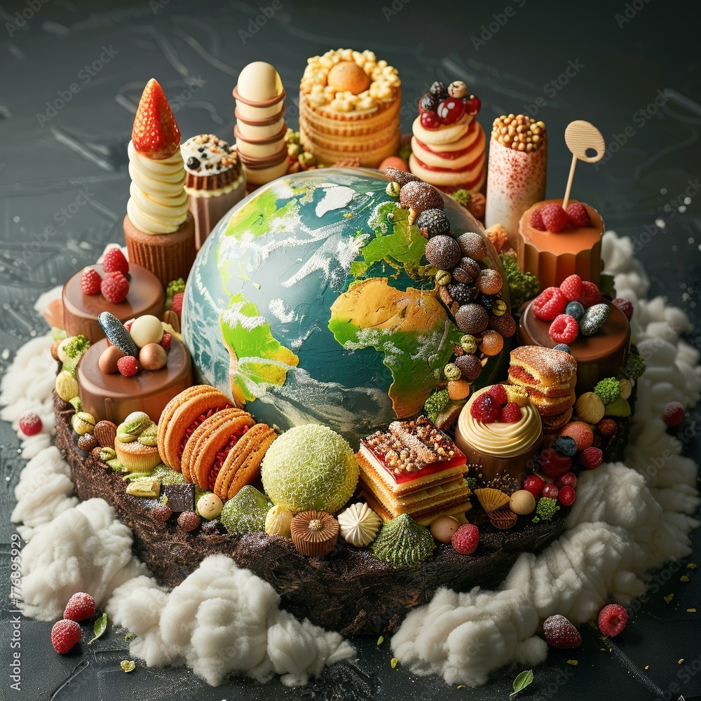 3D international pastry display desserts circling earth