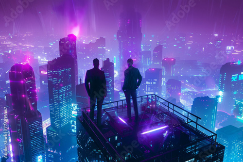 Mafia bosses meeting atop a skyscraper, futuristic city backdrop, cyberpunk, neon lights